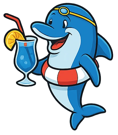 Golfinho tomando um drink. Ilustração.