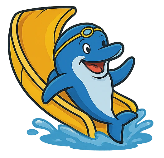 Golfinho descendo um tobogã. Desenho.